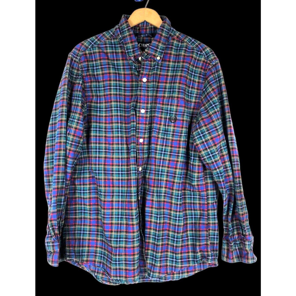 Chaps Ralph Lauren Shirt Large Mens Button Down Bright Tartan Plaid Check Blue